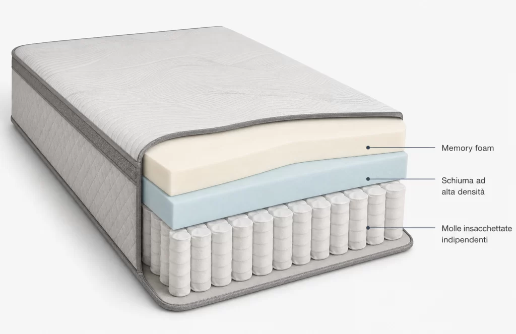 Sezione trasversale del materasso Sealy Hybrid Classic Ultra Plus che mostra gli strati di memory foam, schiuma ad alta densità e molle insacchettate indipendenti